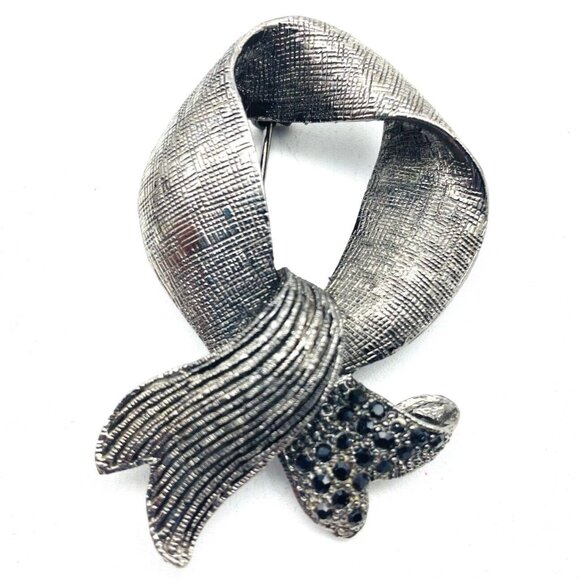 Unbranded Jewelry - Brushed Ribbon Pin Oxidized Silver Tone Black Rhinestone Accents Awareness Gift